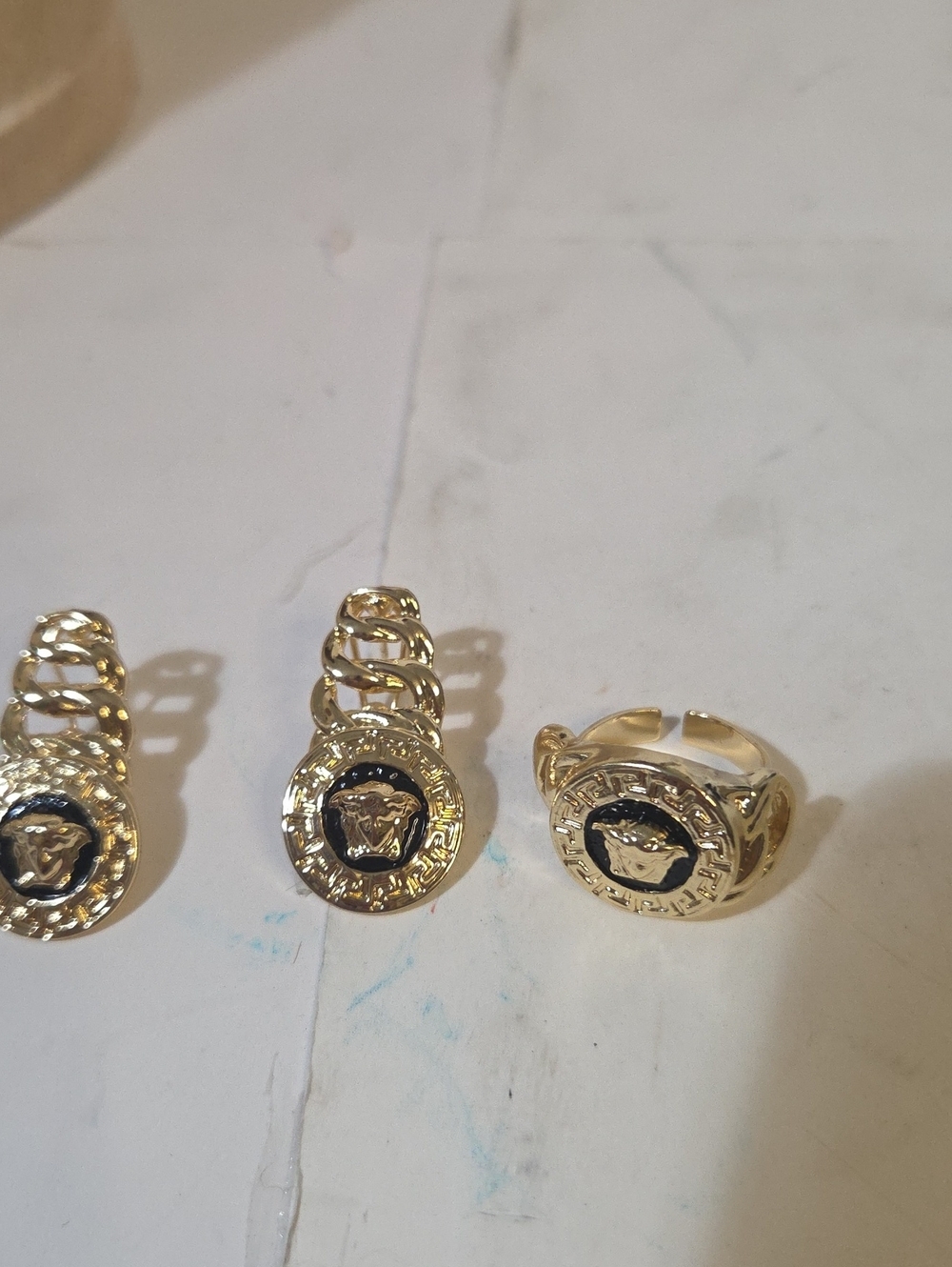 Medusa Medallion Dangle Earrings & Ring Set Gold & Black Enamel Fashion Jewelry